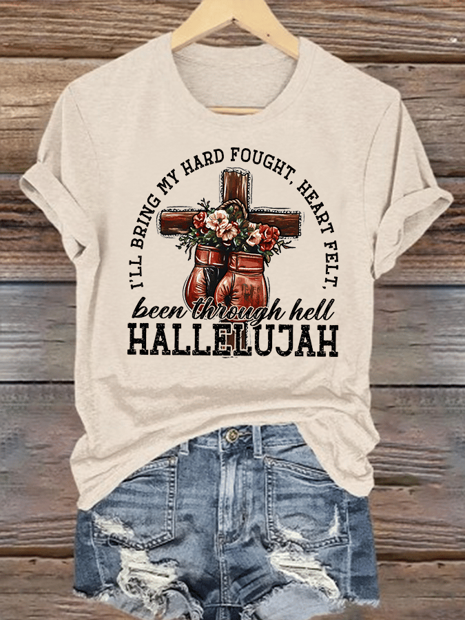 Women's  I'll Bring My Hard Fought Hallelujah Christian Cross Boxing Gloves T-Shirt