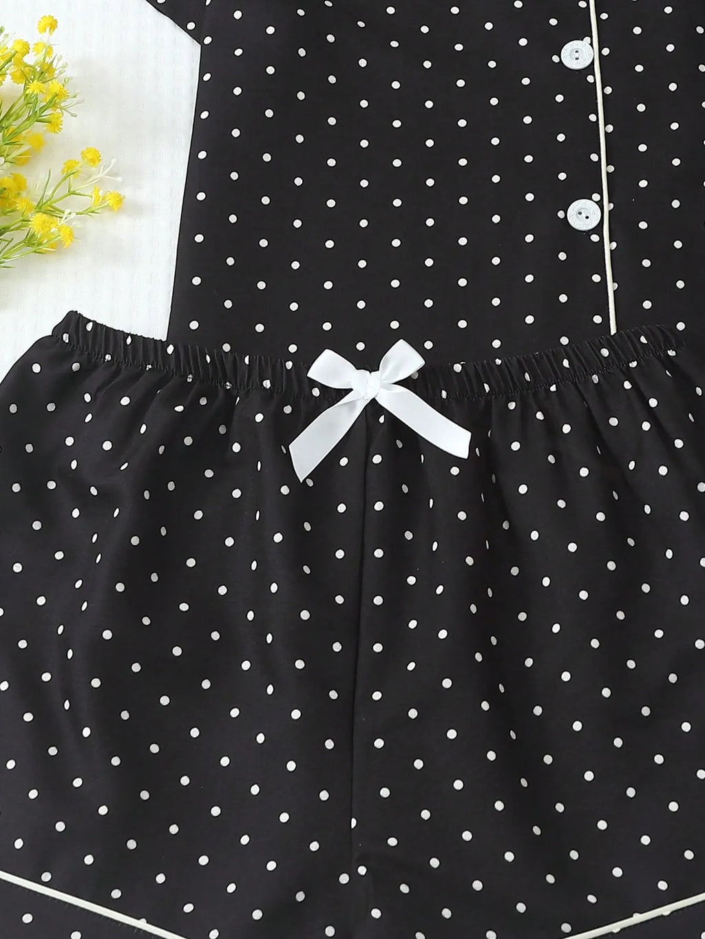 2pcs/Set Women's Mini Polka Dot Printed Pajama Set With Contrast Trim Button-Down Shirt And Bowknot Shorts, Perfect For Home Wear In Summer White Set,Two Pieces Set