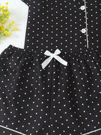 2pcs/Set Women's Mini Polka Dot Printed Pajama Set With Contrast Trim Button-Down Shirt And Bowknot Shorts, Perfect For Home Wear In Summer White Set,Two Pieces Set