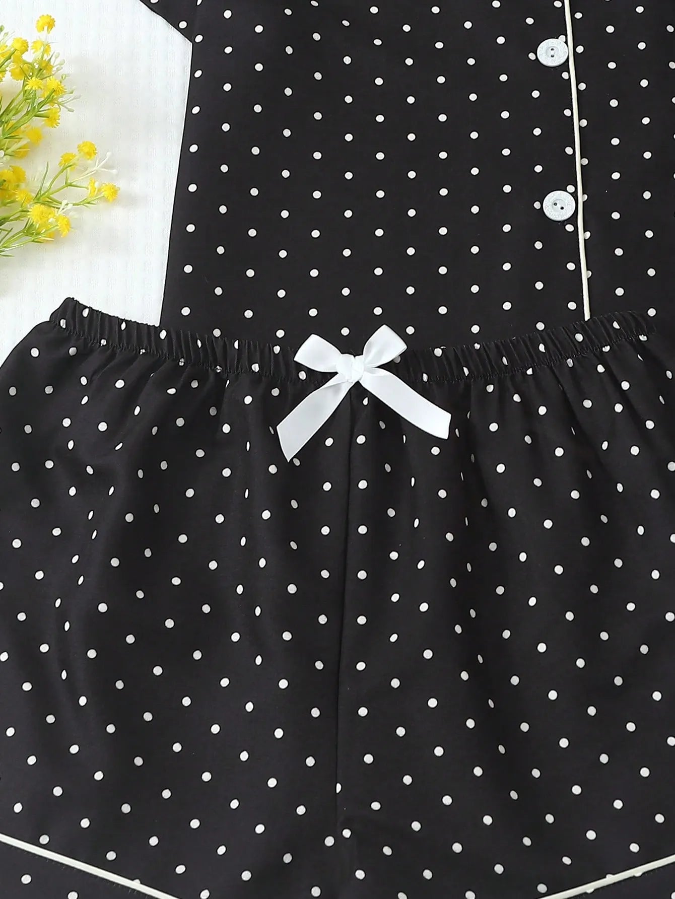 2pcs/Set Women's Mini Polka Dot Printed Pajama Set With Contrast Trim Button-Down Shirt And Bowknot Shorts, Perfect For Home Wear In Summer White Set,Two Pieces Set