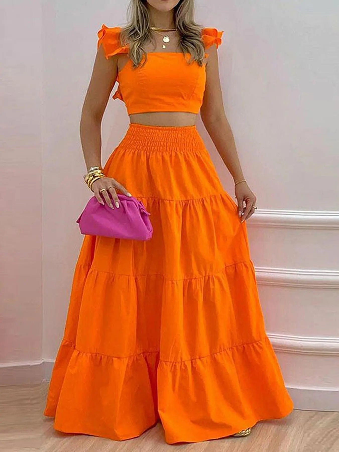 Women's Solid Color / Floral Print Shirred Top & Long Skirt Two-piece Set, Boho Fashion Casual Top & Skirt for Daily Holiday Vacation Wear, Ladies for Summer