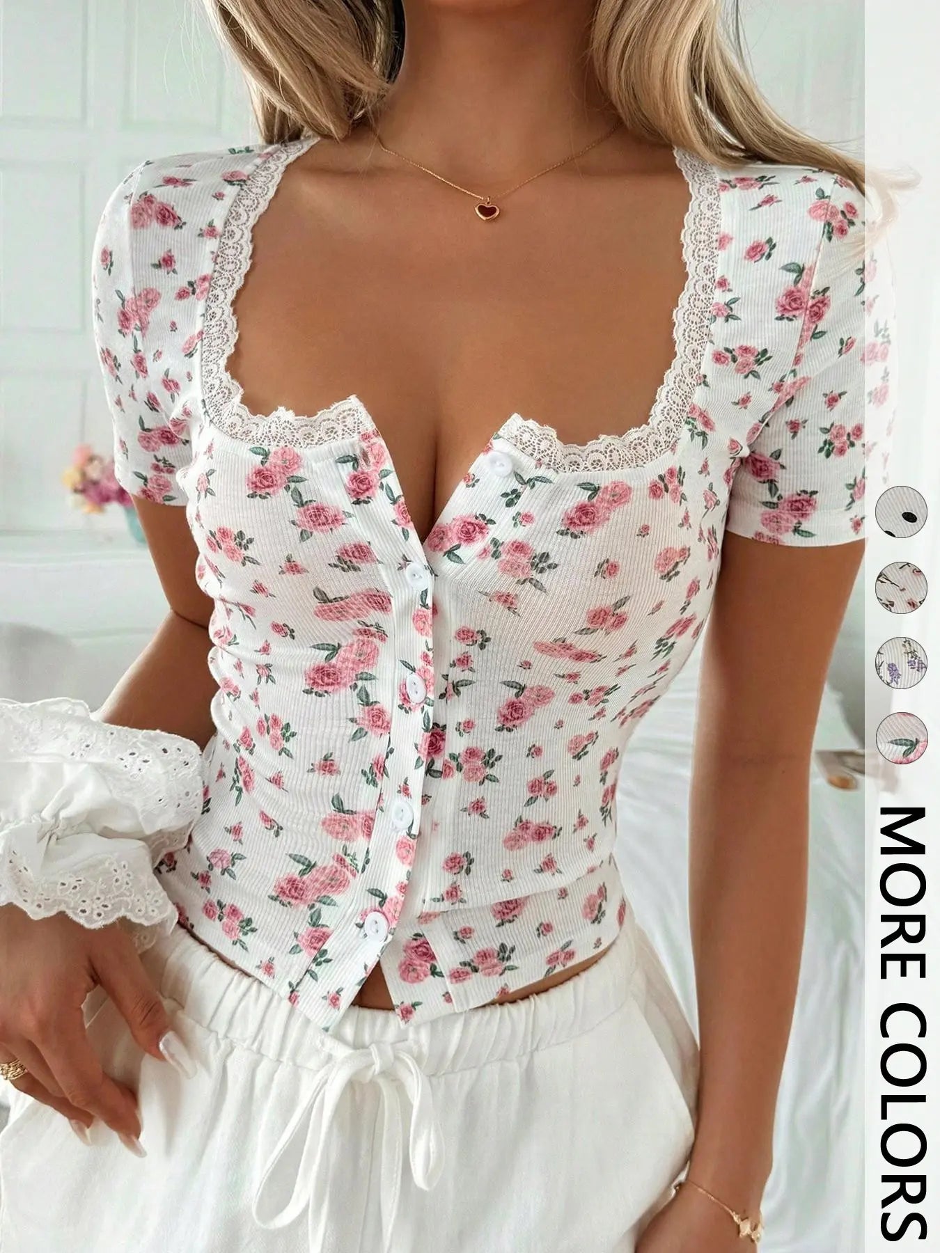 Sweetheart Neck Floral Lace Crop Top for Women