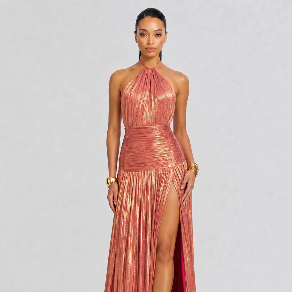 LikeMyChoice 2026 Metallic Olive Gold Maxi Dress for Formal Events