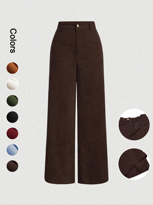 Women's Plain Pocket Button Front Wide Leg Pants, Casual High Waist Trousers for Daily Wear, Ladies Bottoms for All Seasons