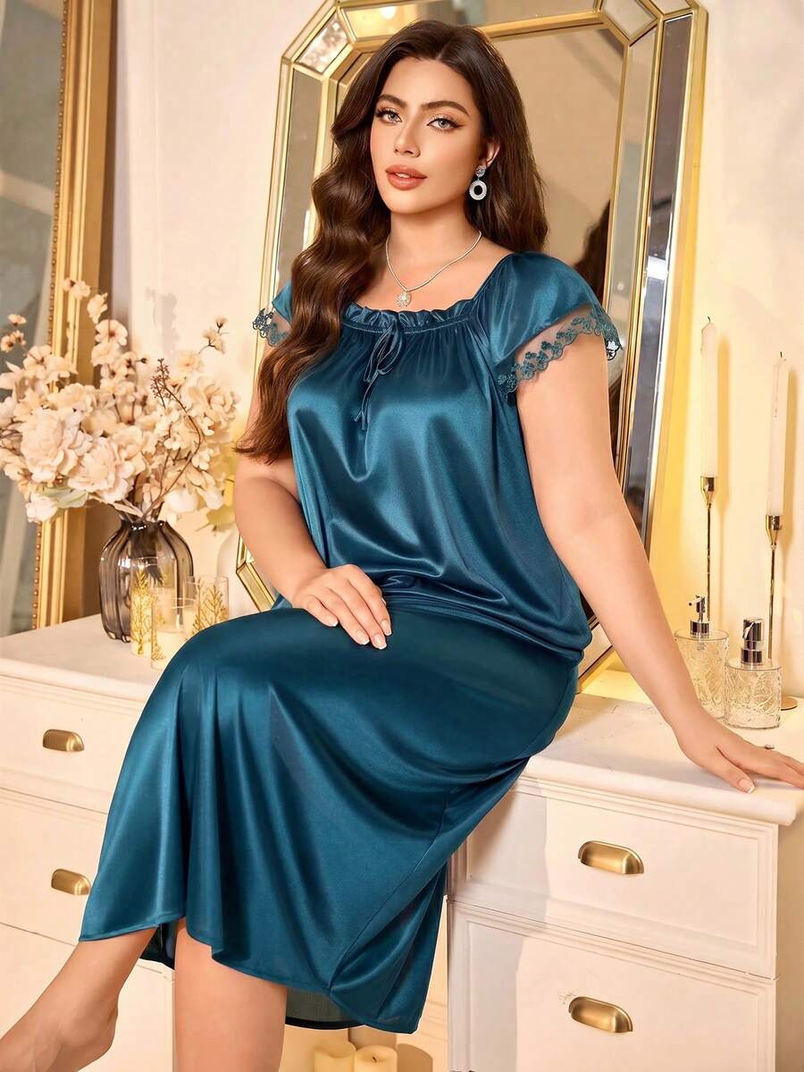 MuseNap CURVE Plus Size Women Pleated Square Collar Embroidered Satin Nightgown
