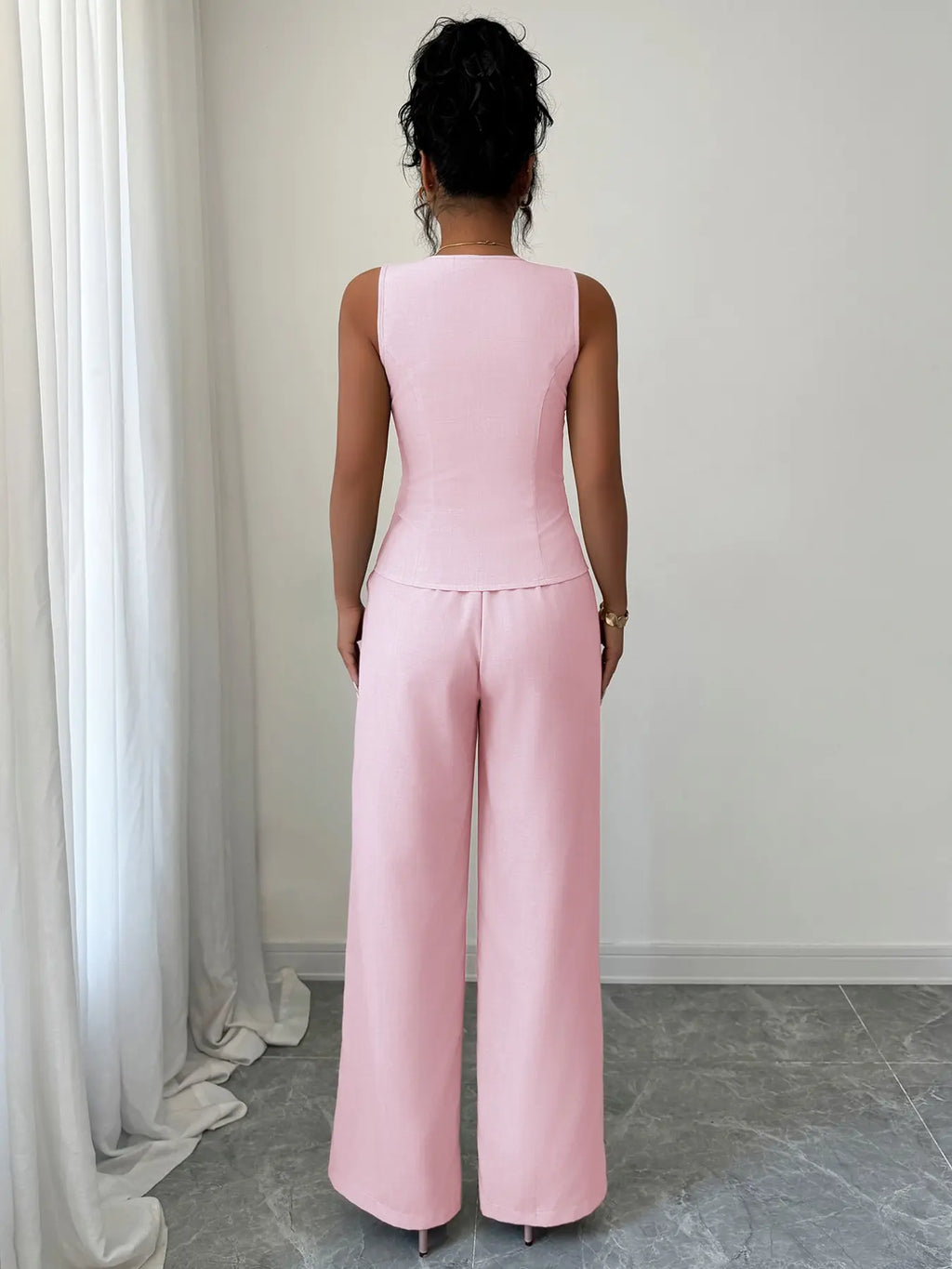 Colorblock V-Neck Sleeveless Button Vest Set Suits with Wide Leg Pants, Spring & Fall Fashion, Minimalist, Slim Fit, Plain Pattern, Natural Waist, Womenswear