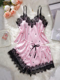 2pcs/Set Party Costume Satin Heart Striped Sexy Lingerie Set, Adjustable Strap Lace V-Neck Camisole And Bow Shorts, Women's Intimate Apparel