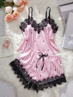 2pcs/Set Party Costume Satin Heart Striped Sexy Lingerie Set, Adjustable Strap Lace V-Neck Camisole And Bow Shorts, Women's Intimate Apparel