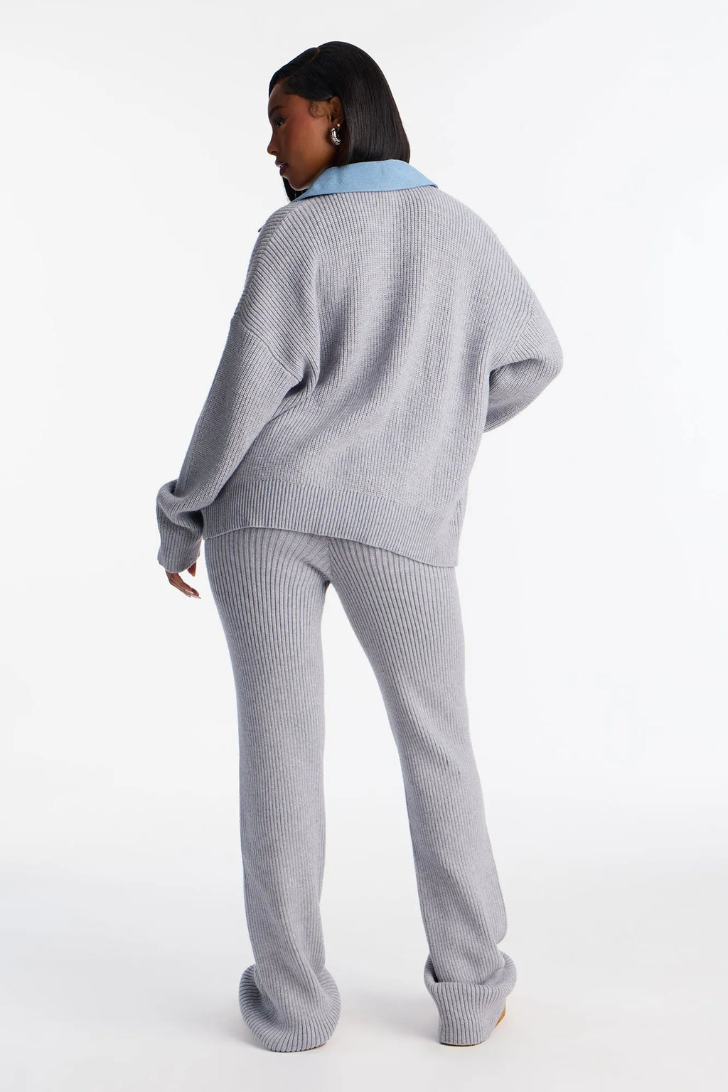 Michelle Denim Sweater Mix Pant Set - Grey