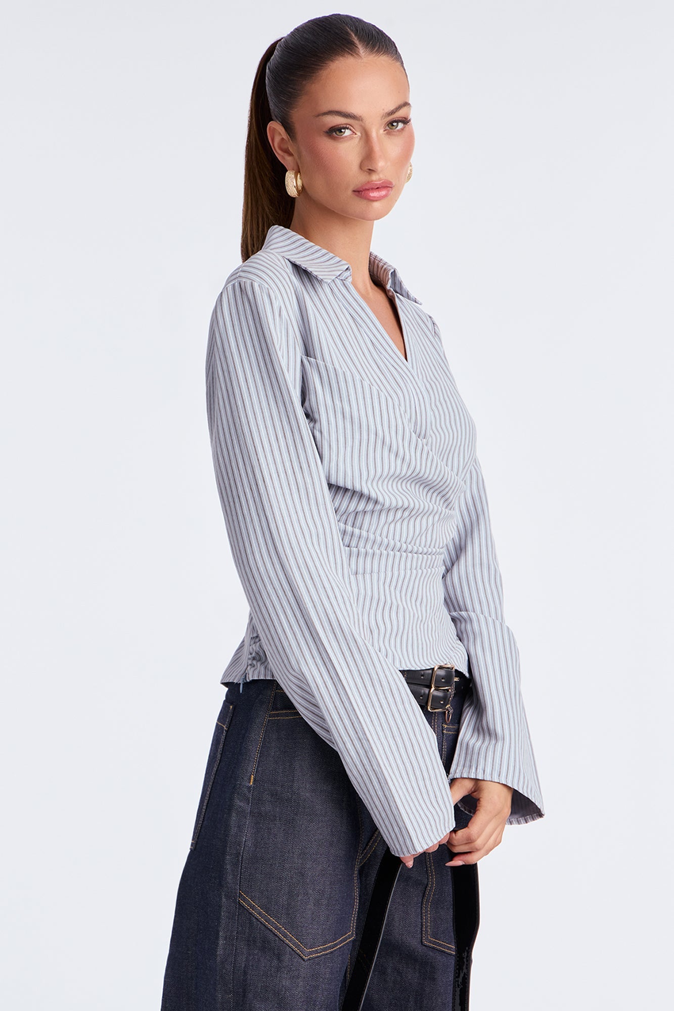 Modern Girl Ruched Pinstripe Top - Blue/combo