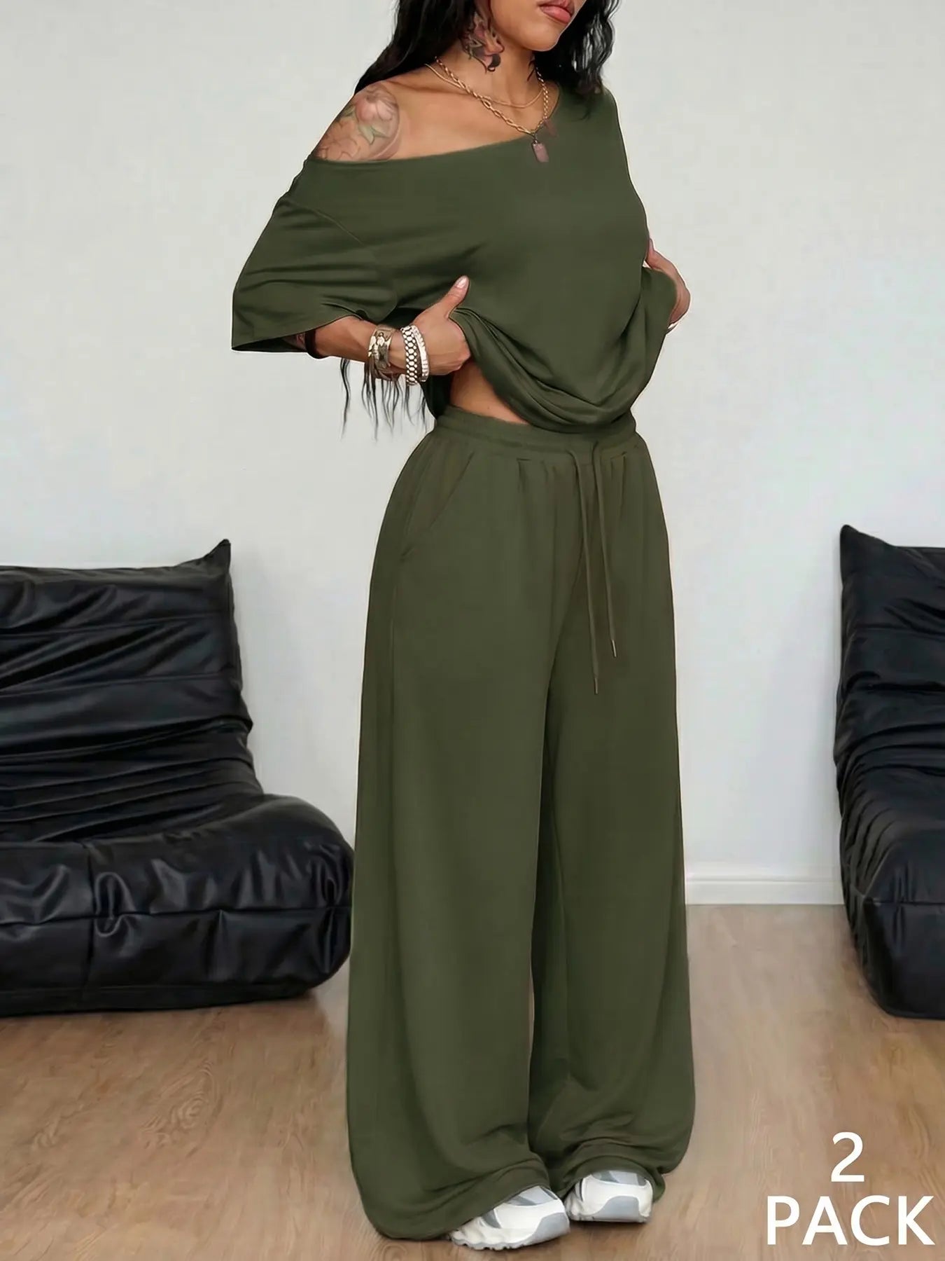 Women's Minimalist Off Shoulder T-Shirt & Wide Leg Pants Set