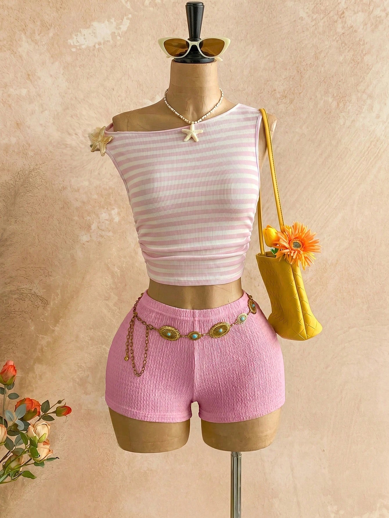 Soleia Women's 2 Pieces Set Brown Striped Summer Boho Beach Vacation Holiday Holiday Asymmetrical Shoulder Fuzzy Textured Knit Backless Floral Cheetah Print