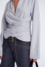 Modern Girl Ruched Pinstripe Top - Blue/combo