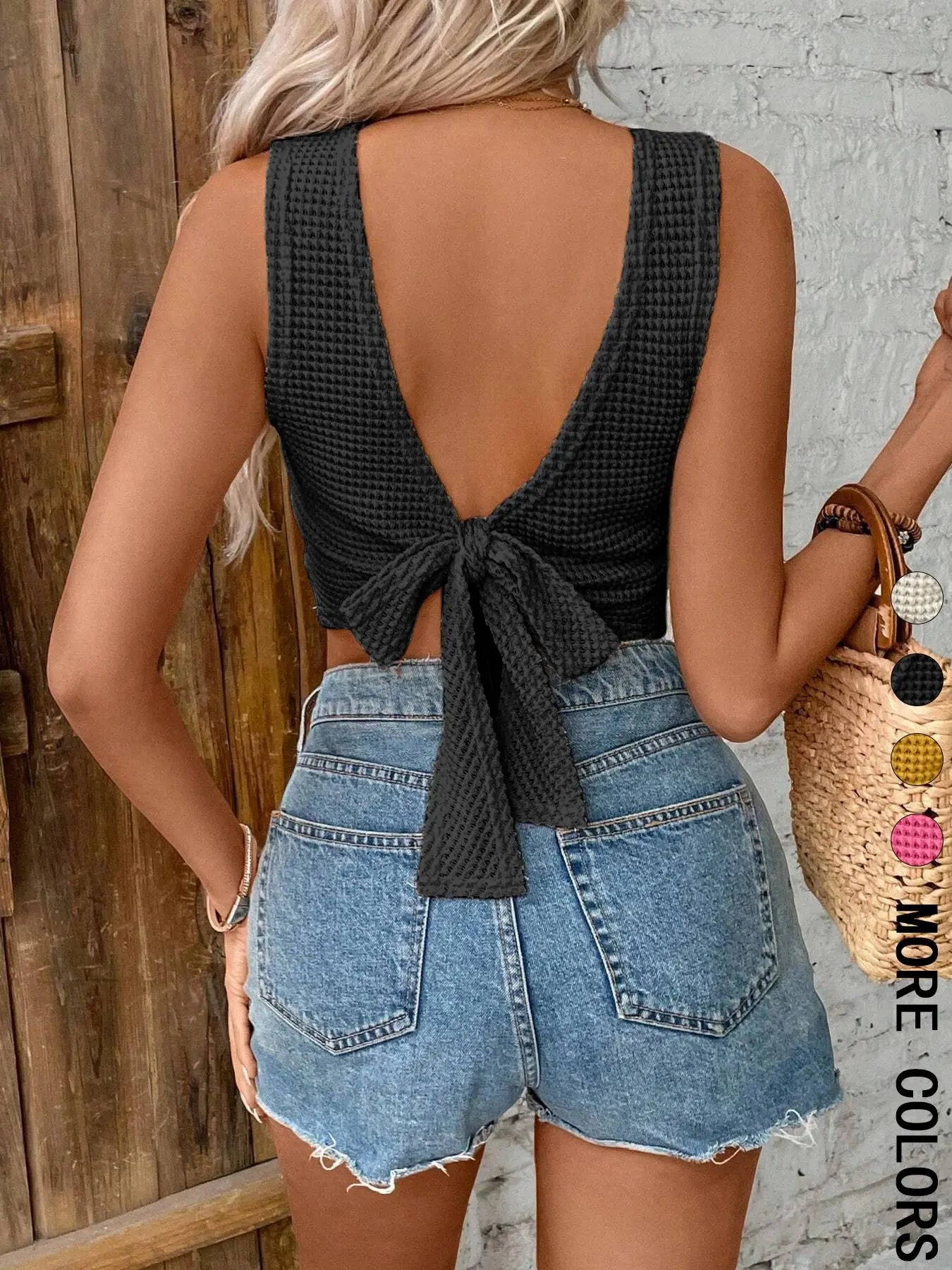 Women's Plain Tie-Back Waffle Knit Fitted Tank Top
