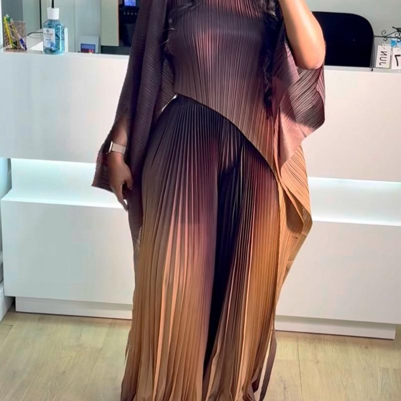 New Fashion Set: Pleated Printed Loose Sleeve Top & Wide Leg Pants Two-Piece Set with Straps Loose-Fitting for Women in Various Colors
