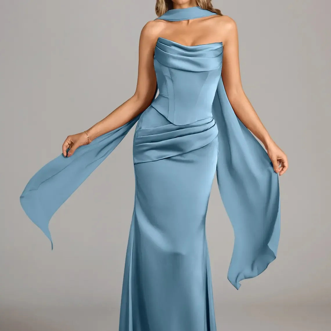 Azazie Sorrel Corset Lace-up Mermaid Wedding Guest Evening Luminous Satin Maxi Dress Minimalist