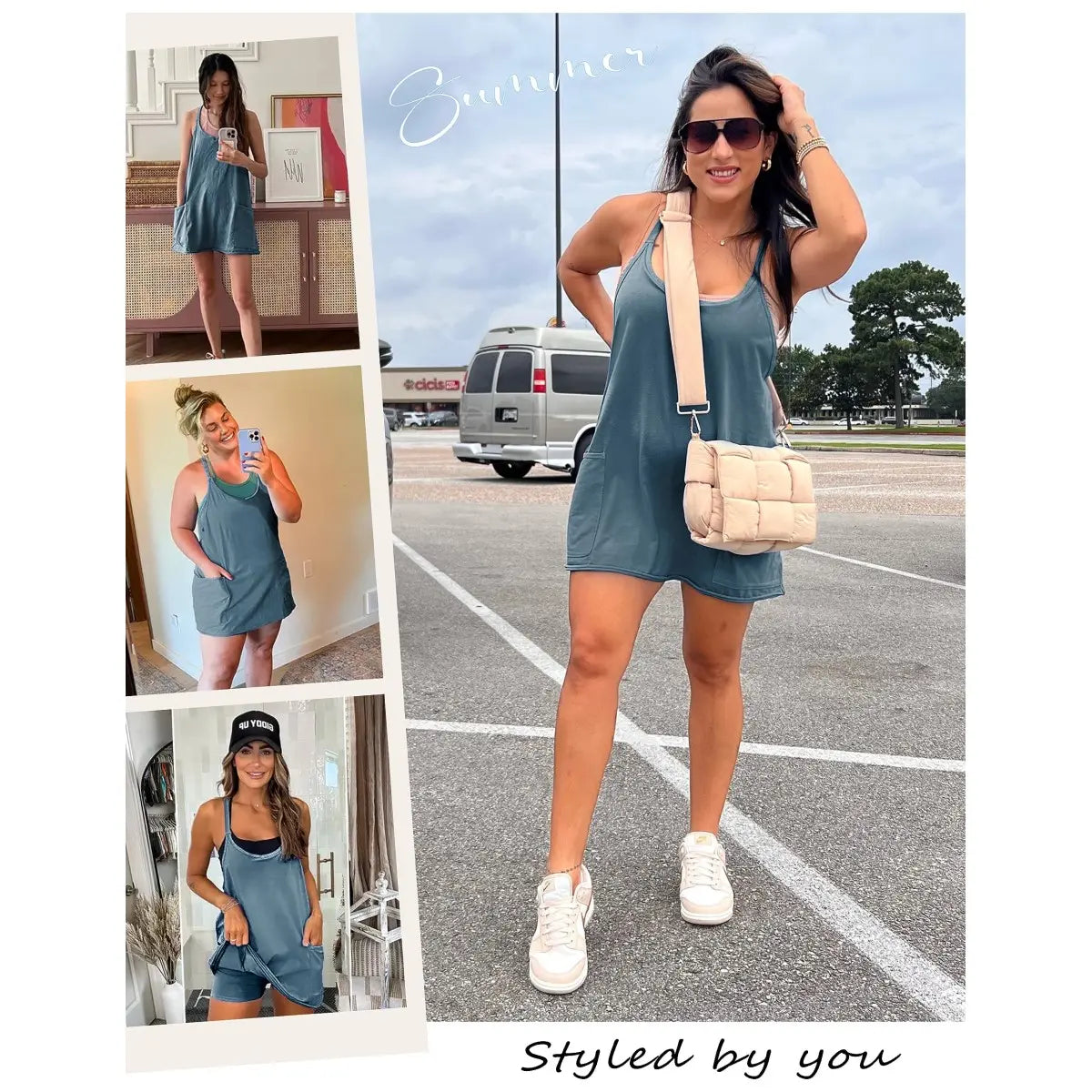 Women's Summer Sleeveless Mini Dress V Neck Spaghetti Straps Athletic Built-in Shorts Sundress SummerVibes