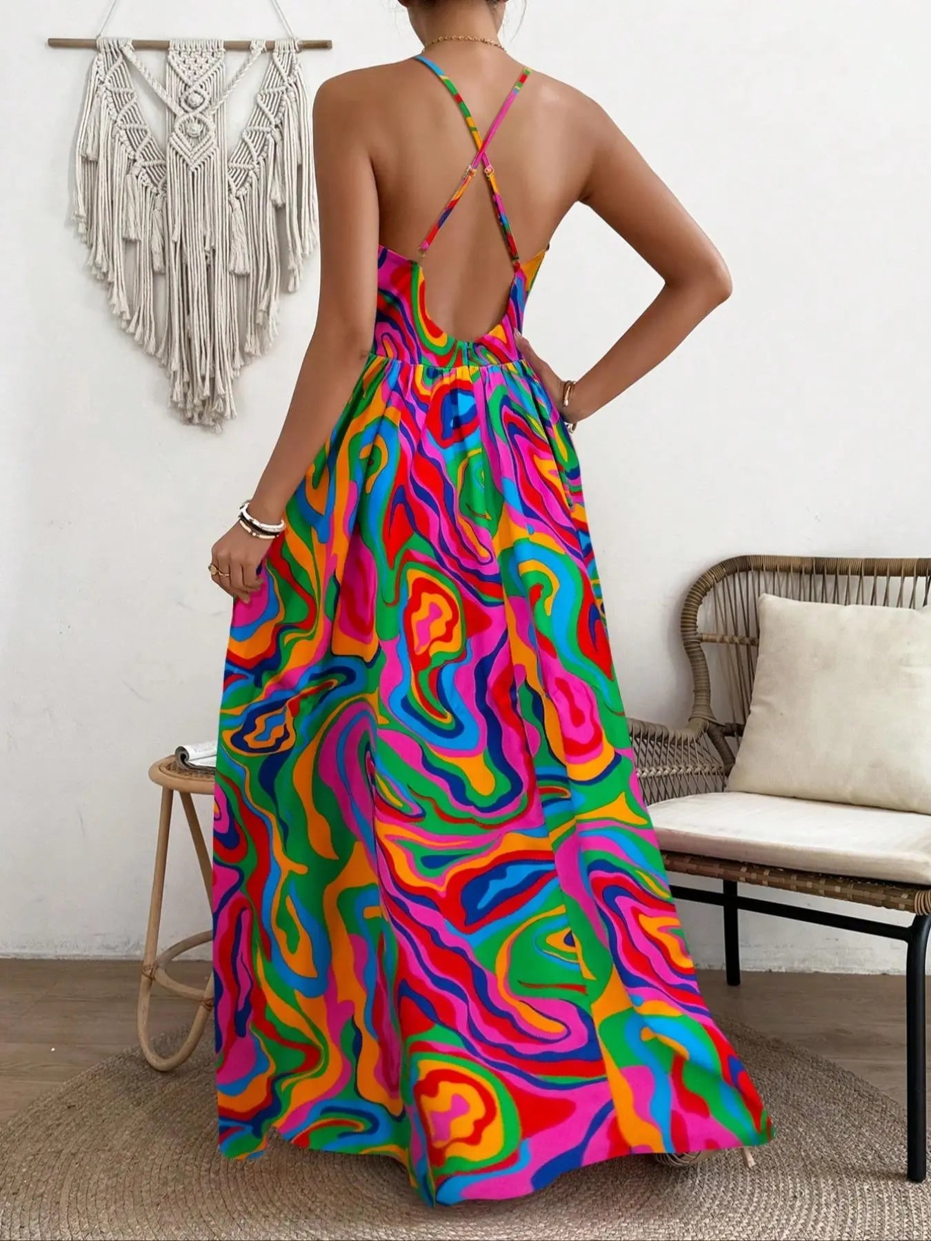 Women's All Over Print Deep V Neck Sleeveless Backless Cami Maxi Dress, Beachwear Dress, Elegant Adjustable Strap Criss Cross A Line Dress for Beach Holiday Vacation, Ladies Summer Clothes