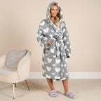 OHS Heart Print Teddy Marl Dressing Gown, Adults - Black