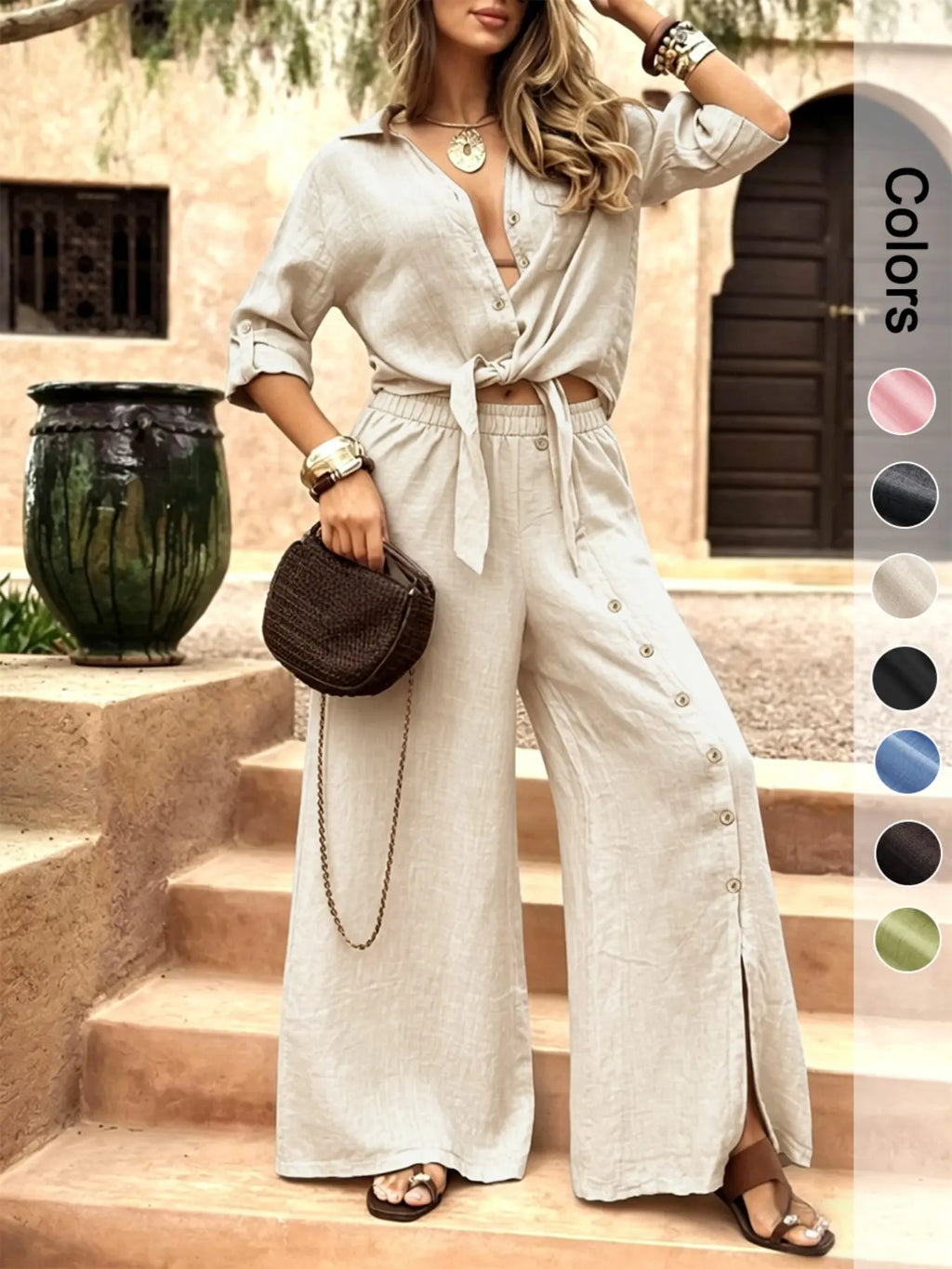 Women's Two-Piece Vacation Style Shirt and Pants Set, Tie-Down Hem Shirt with Fake Button Decoration, Wide Leg Pants Set, Loose