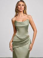 Azazie Sorrel Corset Lace-up Mermaid Wedding Guest Evening Luminous Satin Maxi Dress Minimalist