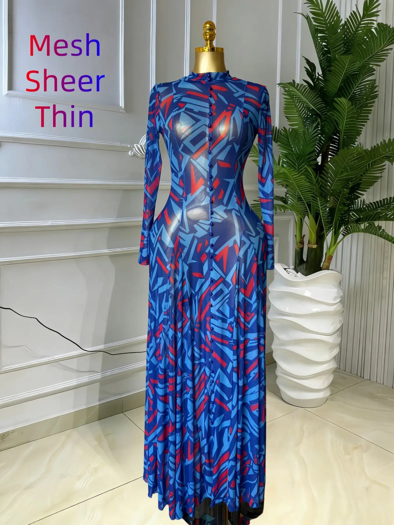 Women's O-Neck Long Sleeve Woven Maxi Dress, Tie-Dye Print, Romantic Valentine's Day Party Outfit Gown, Sexy Mesh Sheer Dress, Spring Sexy Club Street Evening Wear Lady Skirts