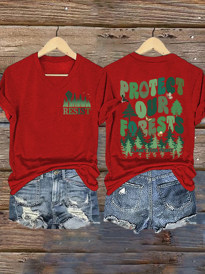 V-Neck Retro Resist Protect Our Forests Planet Over Profit Print T-Shirt