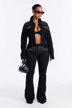 Two-Step Embellished Flare Jeans - Black Wash