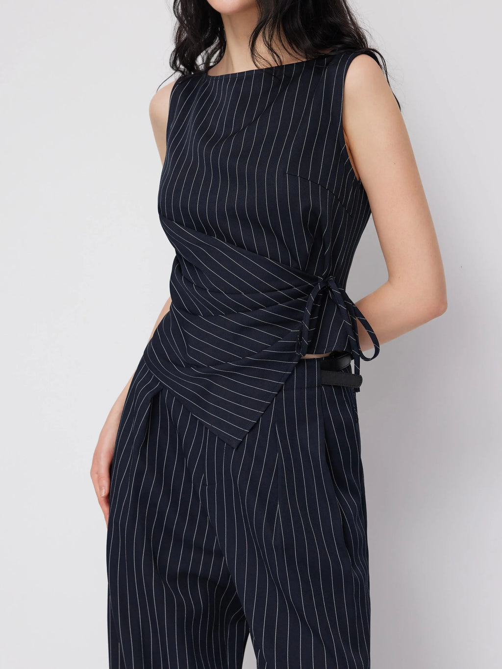 Cider Boat Neck Striped Wrap Knotted Top & Mid Rise Straight Leg Trousers Set– Office & Weekend Casual SwimWeek