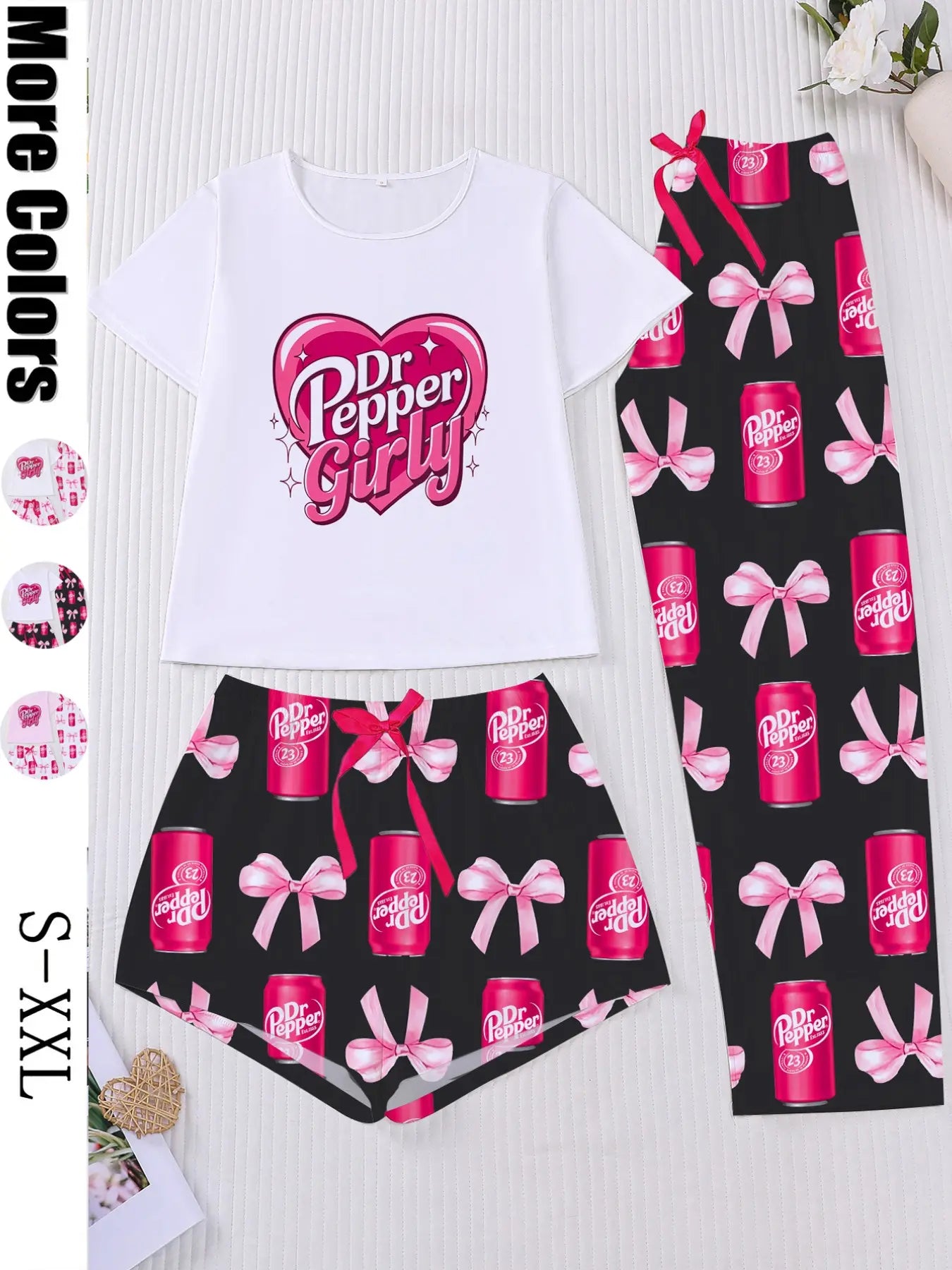 3-Piece Casual Sleepwear Set Pajamas Loungewear for Women Lady with Bow Print