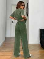 Women's Casual Loose Fit Acid Washed Cotton Short Sleeve T-Shirt and Long Pants Two-Piece Set, All Seasons, Plain Style