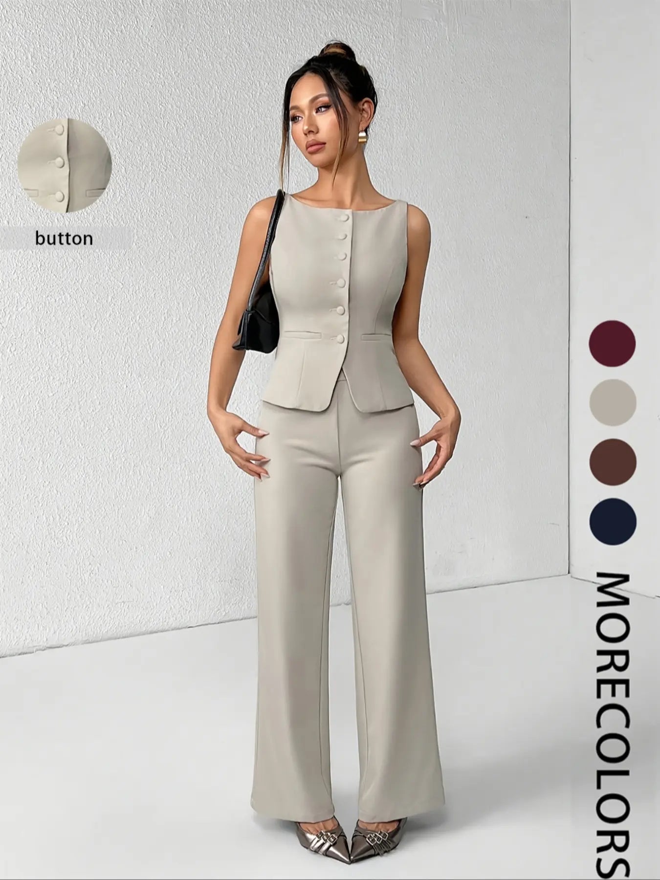 Women's Solid Button Front Sleeveless Tank Top & Wide Leg Pants Set, Casual Elegant Chic Minimalist Fashion Two-piece Set for Summer, Women's Clothing for Daily Wear, Suits, Office Siren Outfits, Casual Matching Set, Corporate Outfits Women