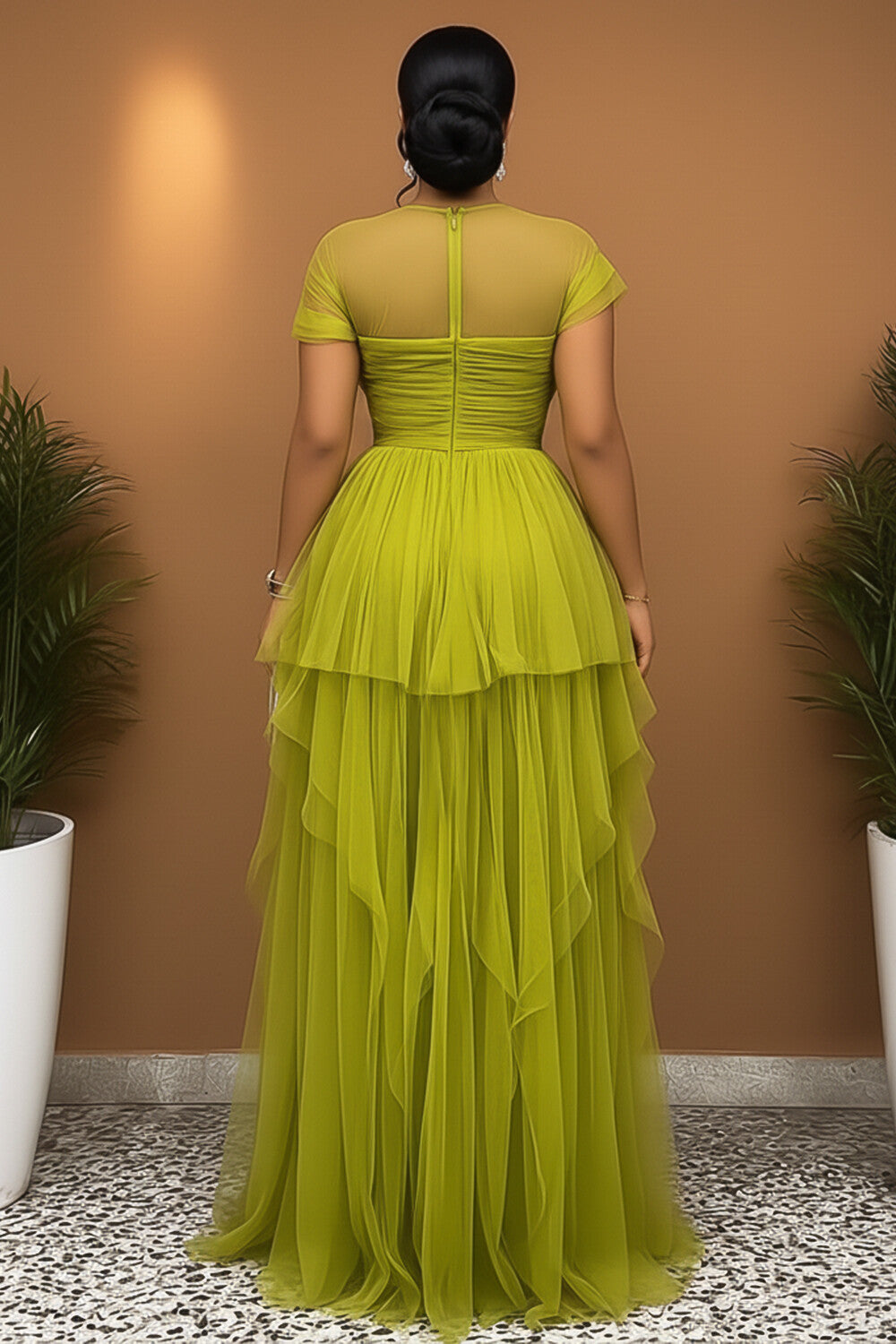 Short Sleeve Cinch Waist High Slit Tulle Gowns Maxi Dresses-Green [Pre Order]
