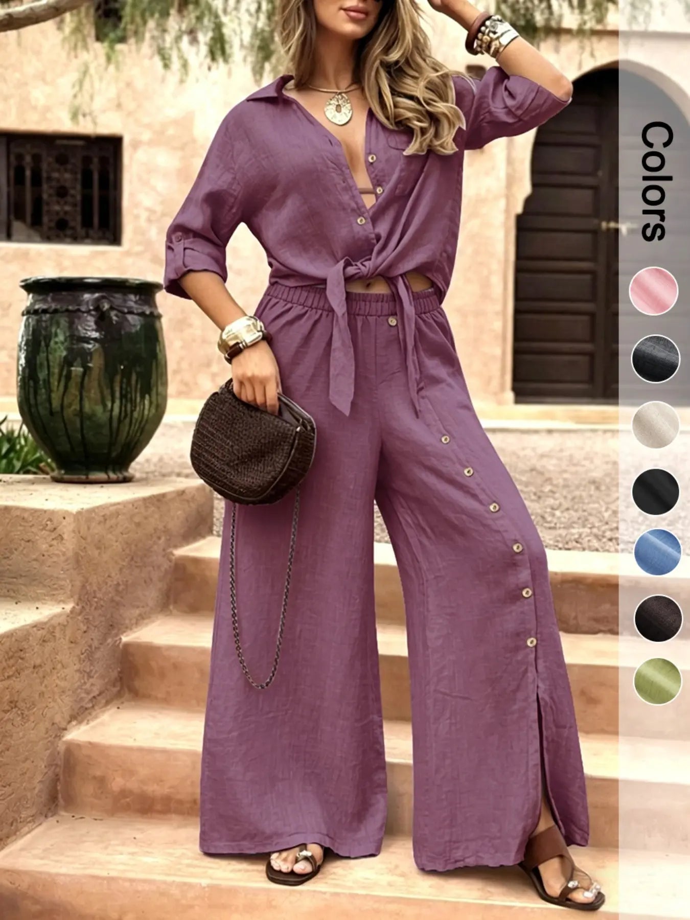 Women's Two-Piece Vacation Style Shirt and Pants Set, Tie-Down Hem Shirt with Fake Button Decoration, Wide Leg Pants Set, Loose
