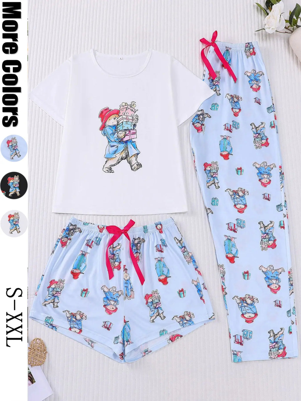 3-Piece Casual Women Pjs Pajama Set with Padding Bear Print