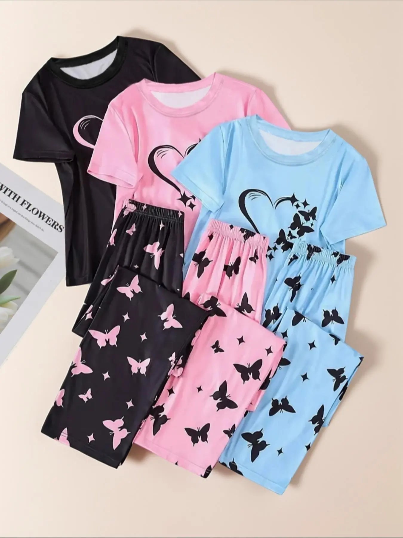 6 Counts Women's Heart & Butterfly Print Pyjama Set