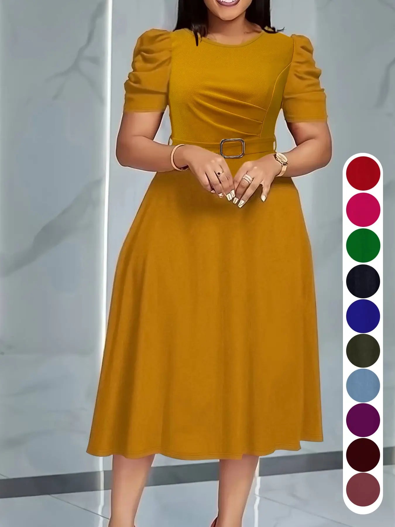 Summer Camel Bubble Sleeve Midi Dress with Waist Belt