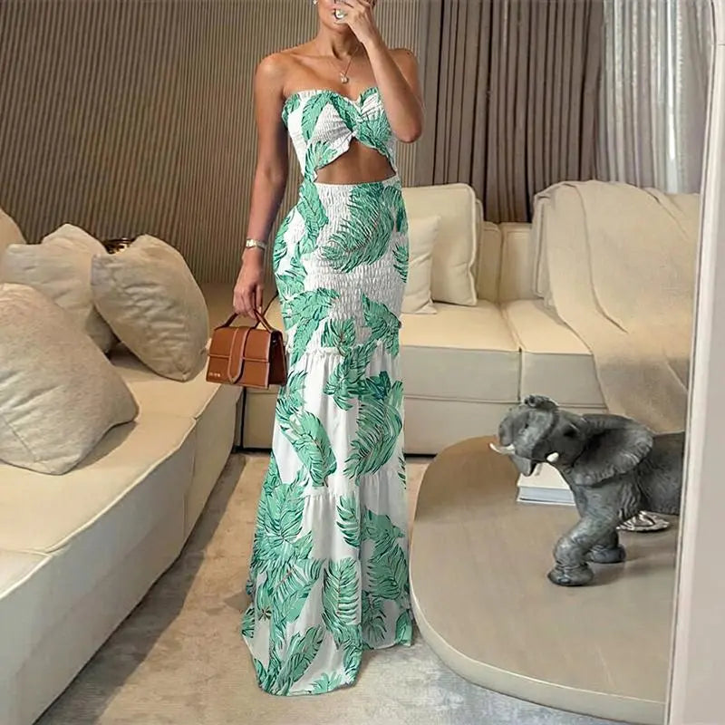 ChicMe Women's Tropical Floral Print Smocked Maxi Dress Ruched Bandeau Cutout Summer Vacation Dress Elegant Shirred Ruffle Hem Mermaid Beach Dress/Summer Dress/Seaside Vacation Sleeveless Skirt