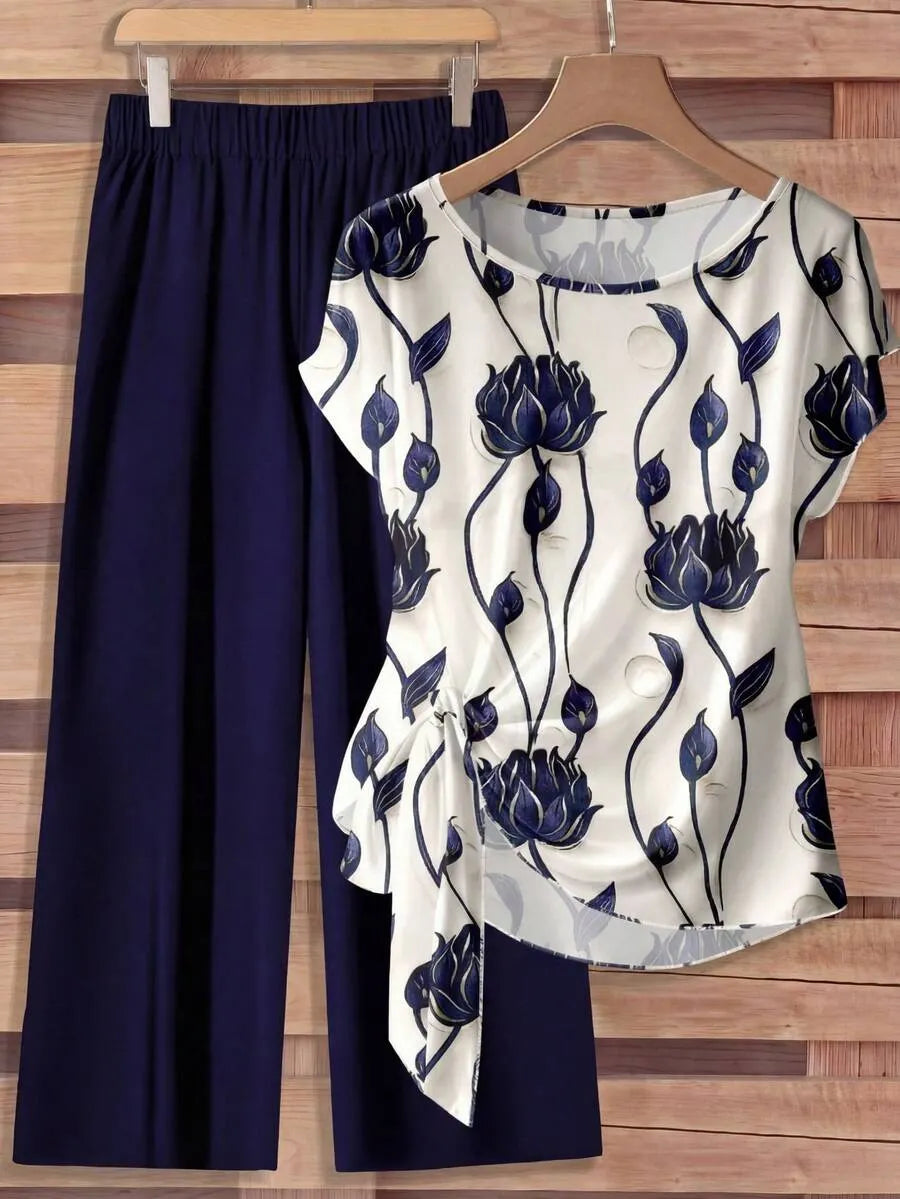 Women's Purple Floral Contrast Color Tie Bow Blouse And Straight Leg Loose Pants 2 Pieces Set,Casual Vacation Summer