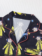 Women's Monkey Print Pajama Set, Short Sleeve Button Front Top & Elastic Shorts