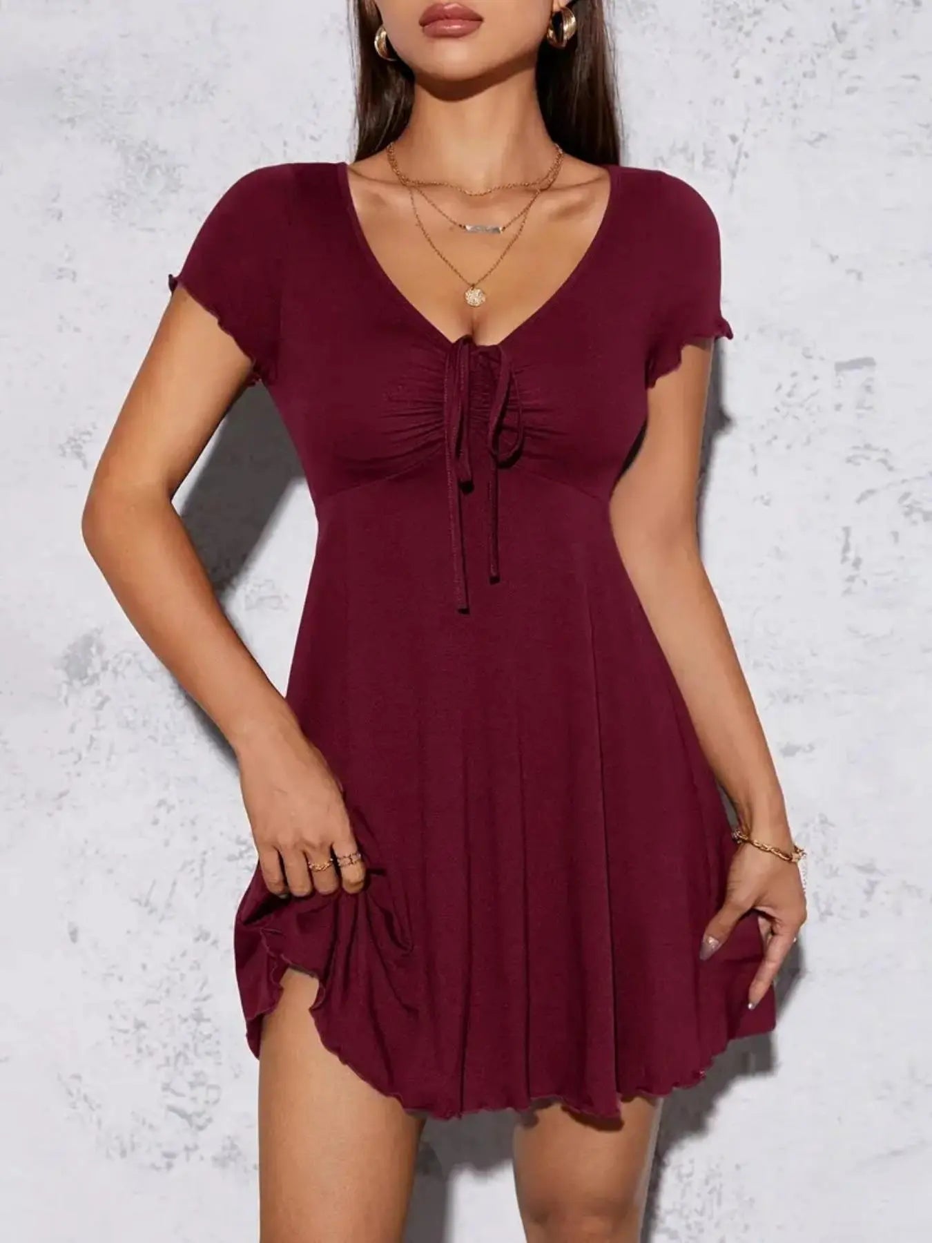 Women's Solid Color V Neck Dress, Casual Fashion Short Sleeve Dress for Summer, Women's Clothing for Daily Wear
