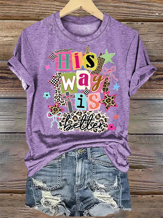 Women's  His Way Is Better Faith T-Shirt, Leopard Print Christian Women Graphic Tee, Cute Religious Casual Everyday Shirt