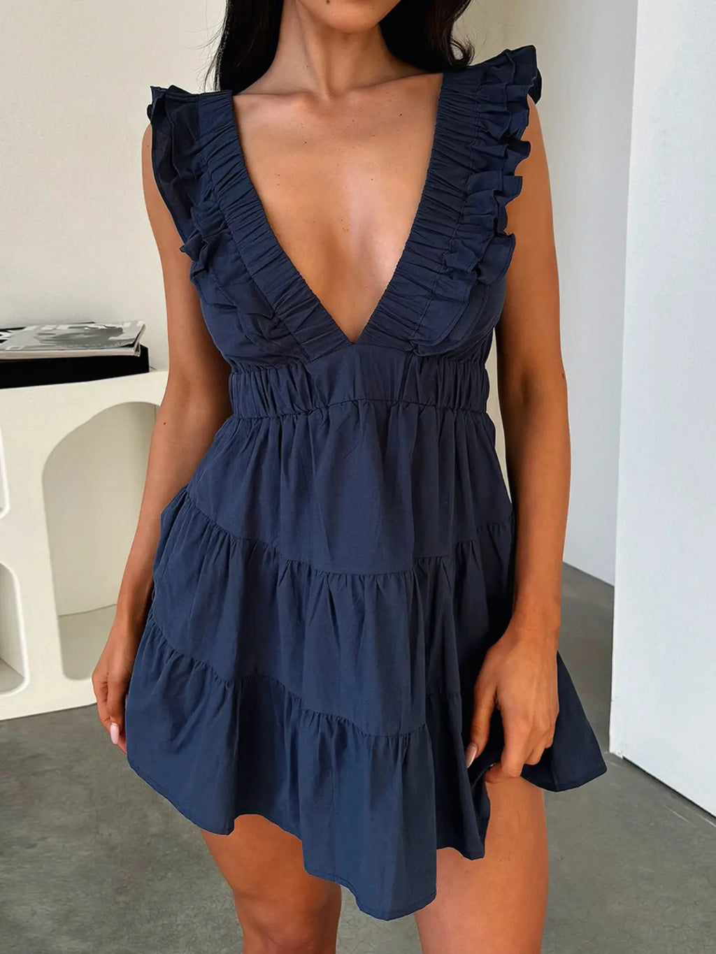 Casual Dress for Summer, Breathable Women's Fitted Plain Deep V Neck Ruffled Dress, Women's Clothes for Daily Wear, Womenswear