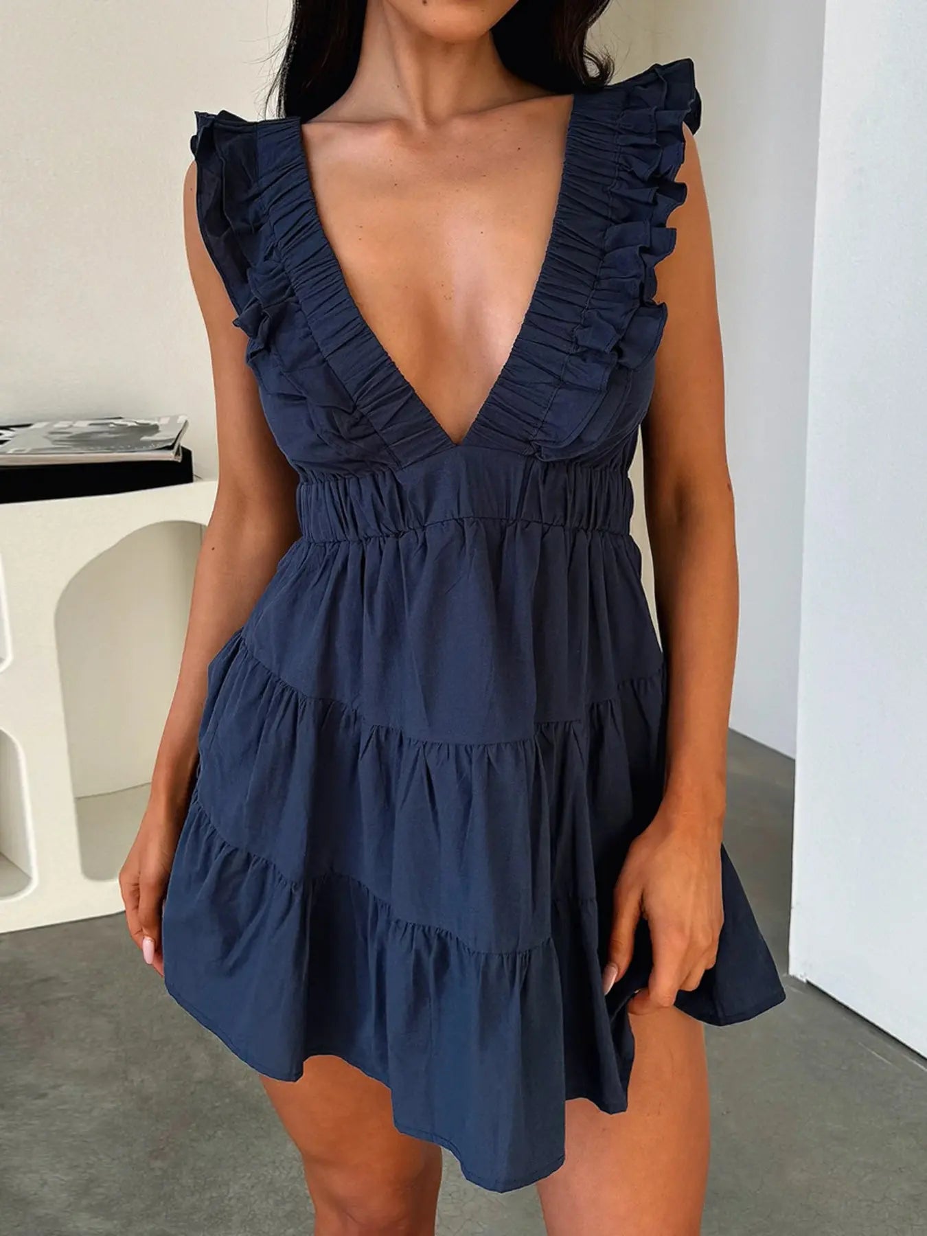 Casual Dress for Summer, Breathable Women's Fitted Plain Deep V Neck Ruffled Dress, Women's Clothes for Daily Wear, Womenswear