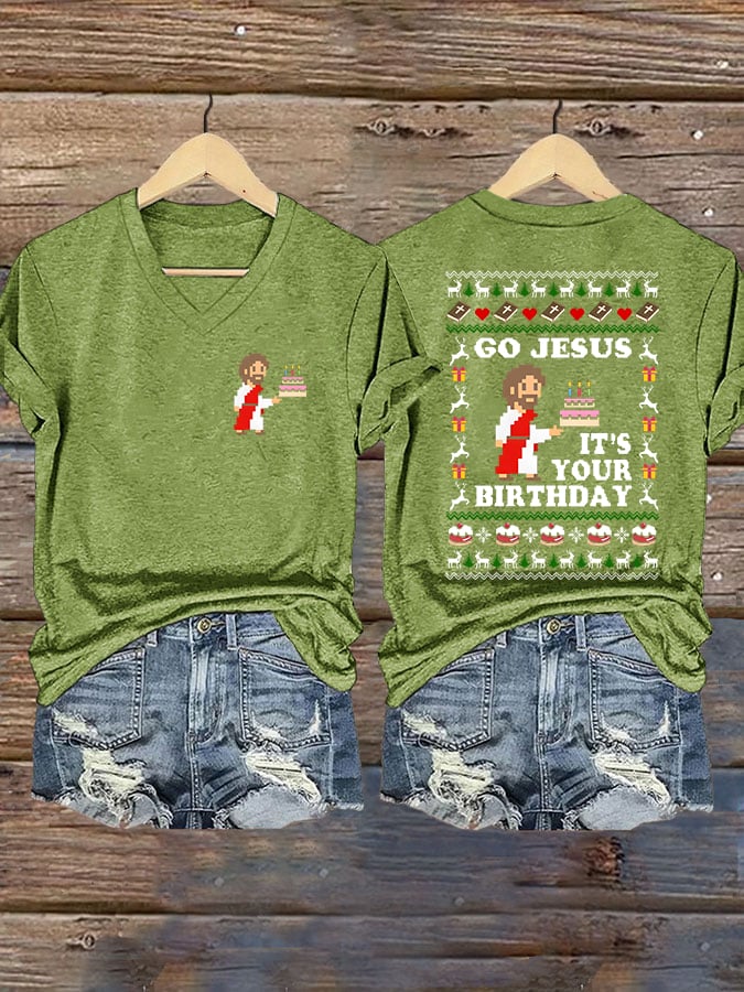 Women'S Casual Christmas "Jesus, It'S Your Birthday" Print Short Sleeve T-Shirt