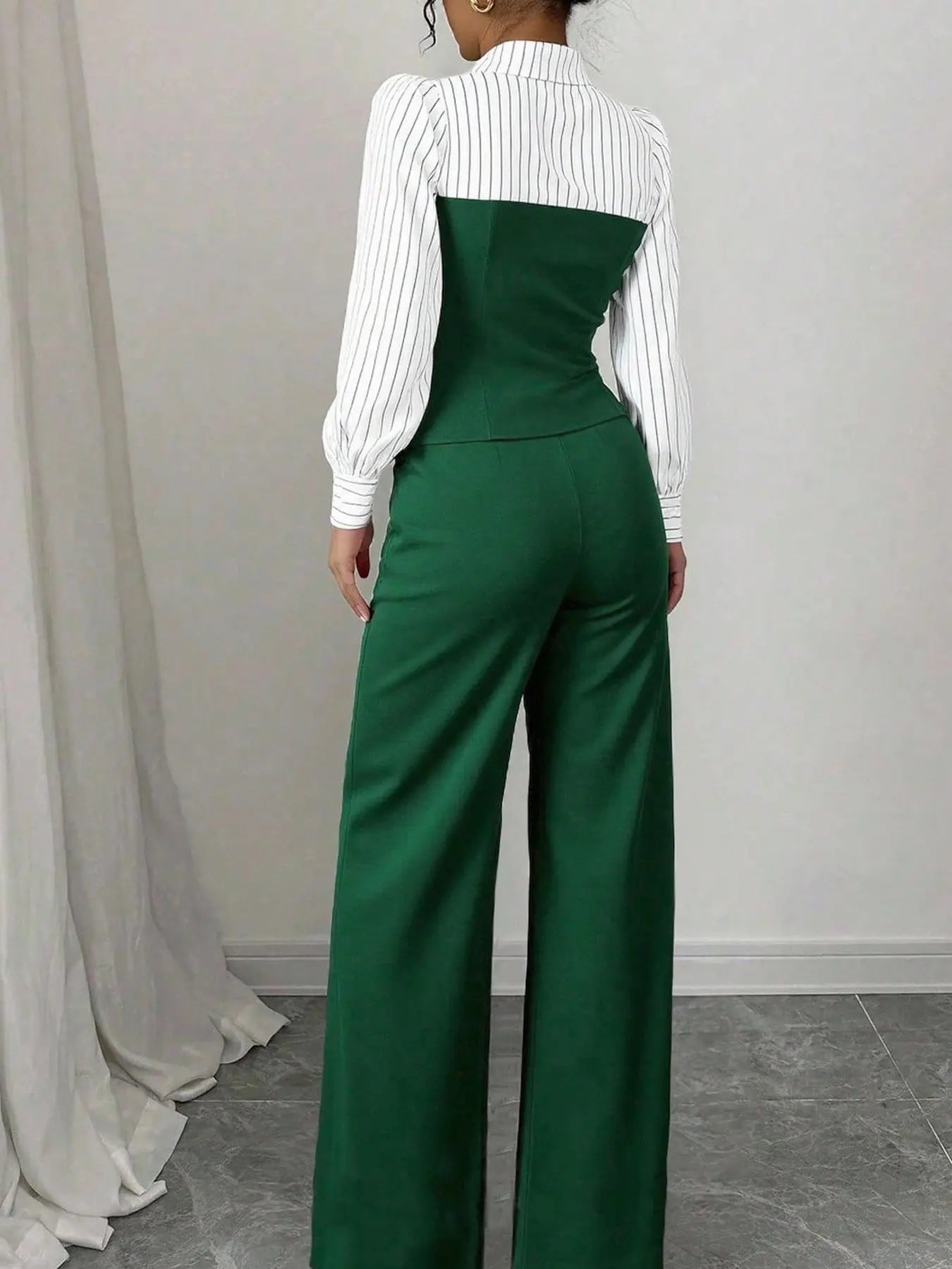 Women's Long Sleeve Colorblock Patchwork Shirt Set, Slimming Waist Design, Straight Leg Pants, Casual Fashion, Chic, Style, 2 Piece Set, Womenswear