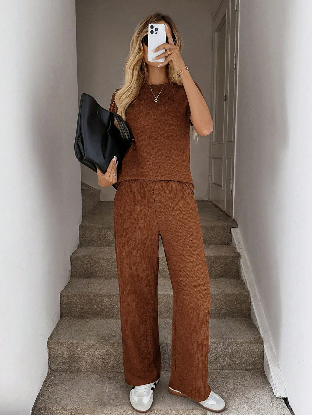 Solid Tee Wide Leg Pants,Casual Travel Coffee Brown Summer