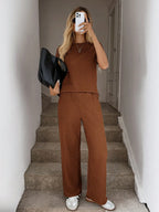 Solid Tee Wide Leg Pants,Casual Travel Coffee Brown Summer