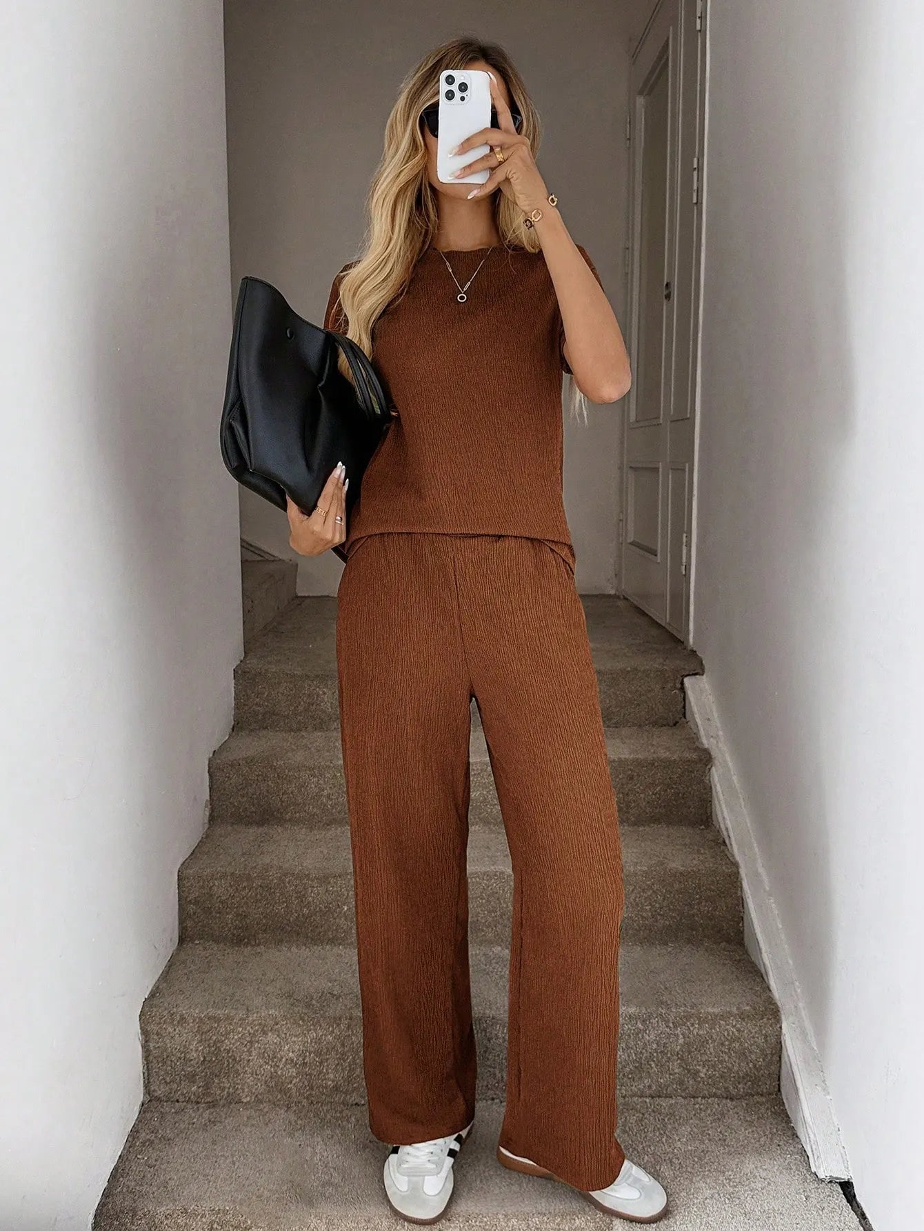 Solid Tee Wide Leg Pants,Casual Travel Coffee Brown Summer