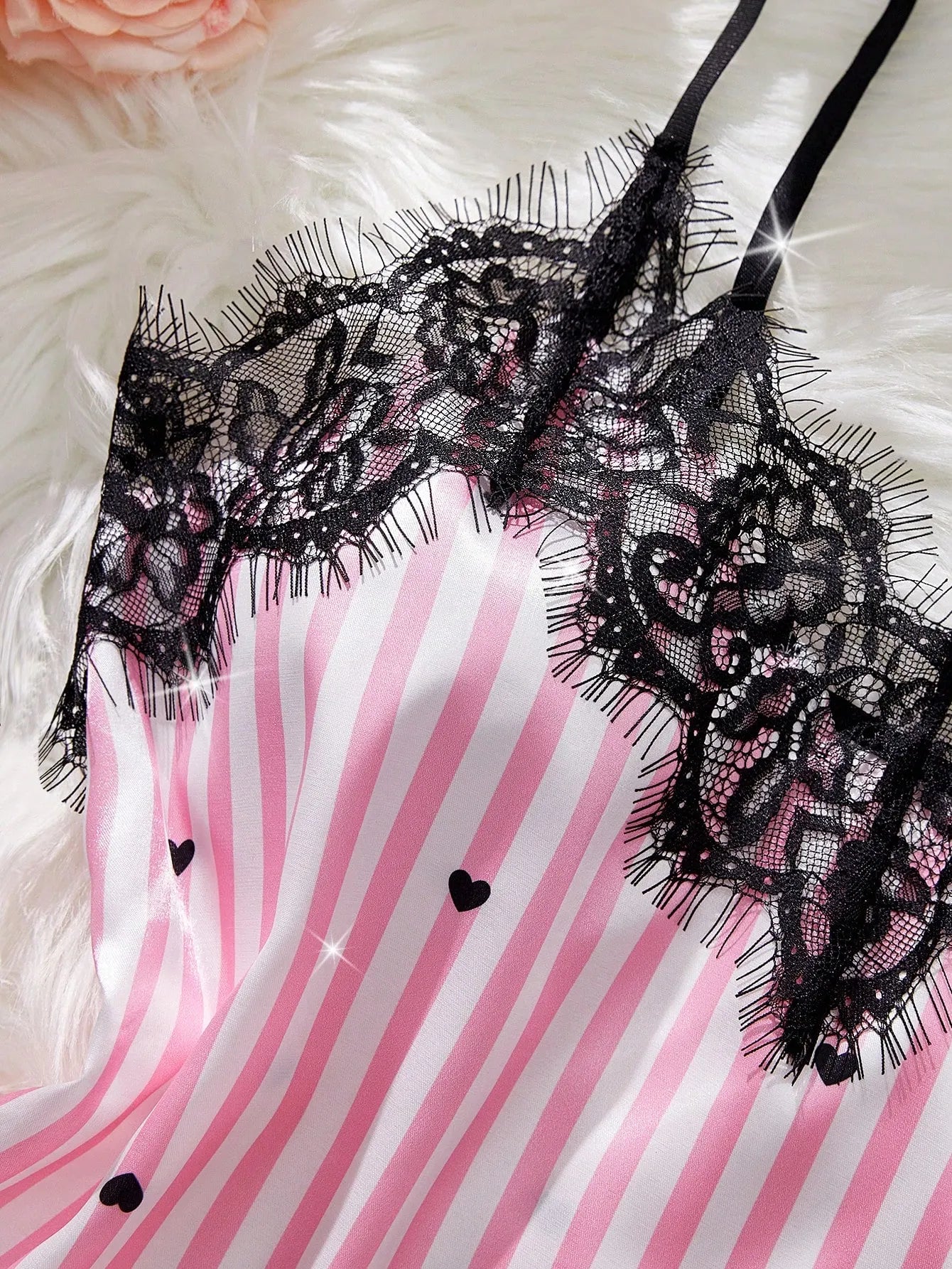 2pcs/Set Party Costume Satin Heart Striped Sexy Lingerie Set, Adjustable Strap Lace V-Neck Camisole And Bow Shorts, Women's Intimate Apparel